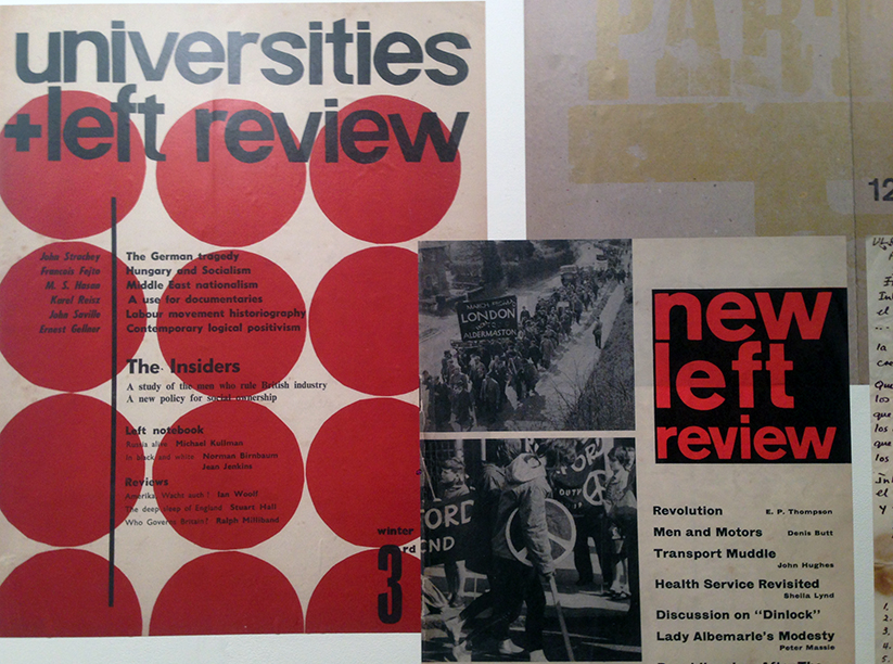 Photograph of New Left Review posters, featuring black and white photographs of a protest and red circles.